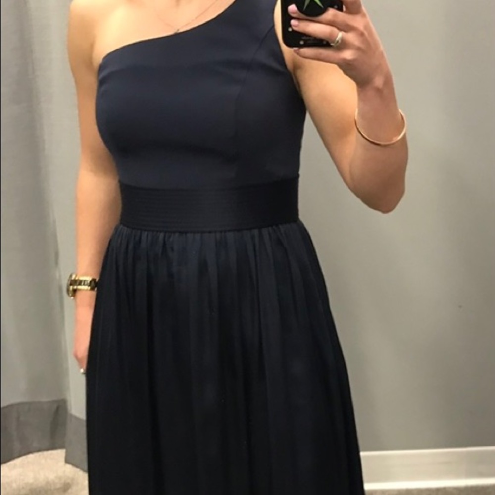 David’s Bridal White by Vera Wang navy blue one shoulder bridesmaid dress
